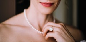 Woman wearing freshwater pearl necklace